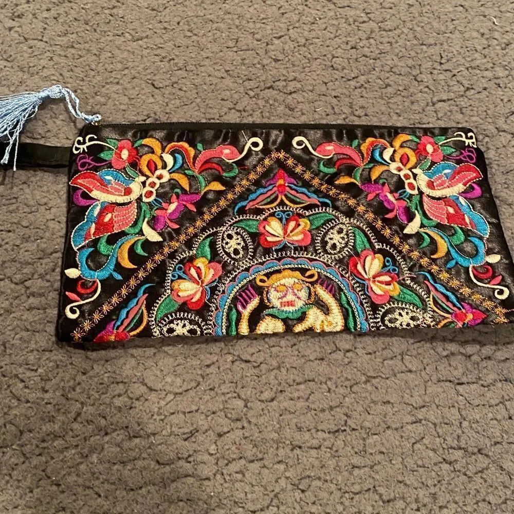 Embroidered Clutch Bag Wristlet Floral Boho Butterfly Pattern Hippie Bohemian